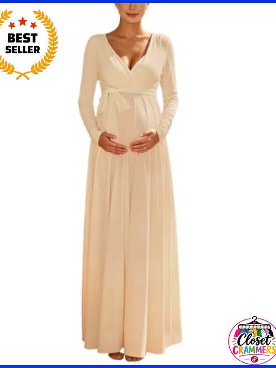 Dresses & Skirts - Maternity Maxi Dress V-Neck Long Sleeve Tie Waist Baby Shower Gown